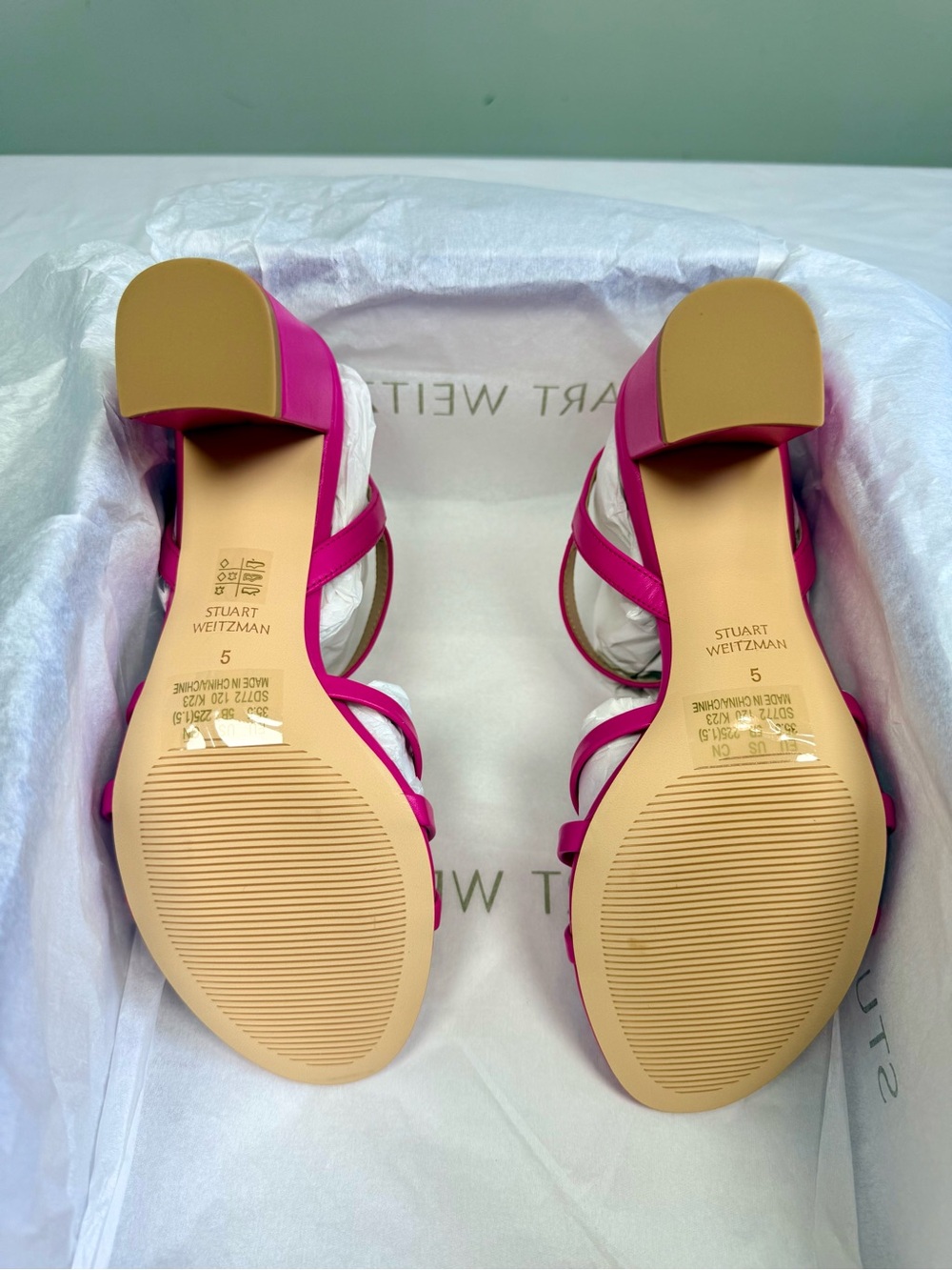 Stuart Weitzman 75MM Starla Leather Block Heel Sandals - Peonia Size 5 - Picture 6 of 9